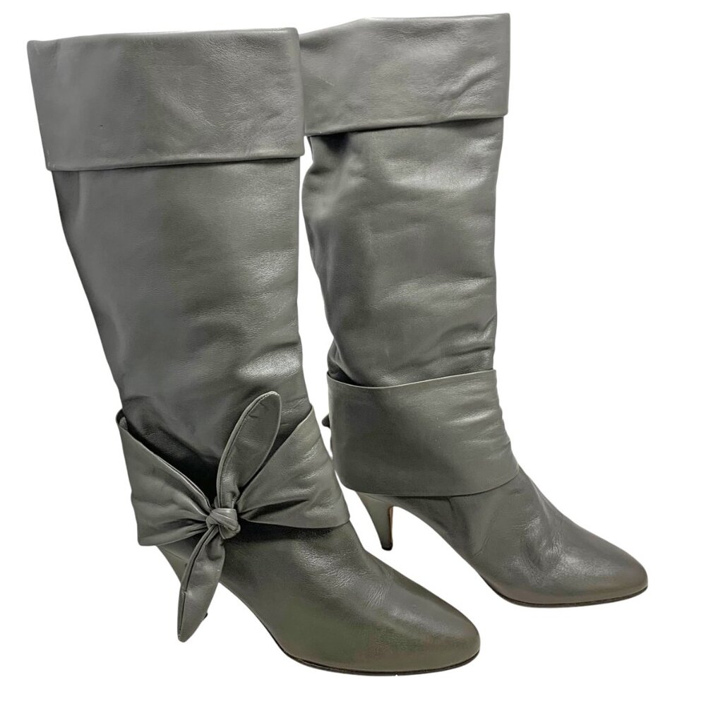 Vintage Biondini Gray Leather Sash Heeled Tall Pull On Boots‎